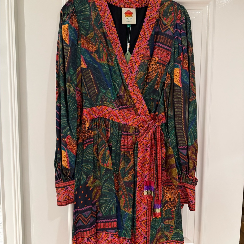FARM Rio Blue and Orange Bishop Sleeve Wrap Dress